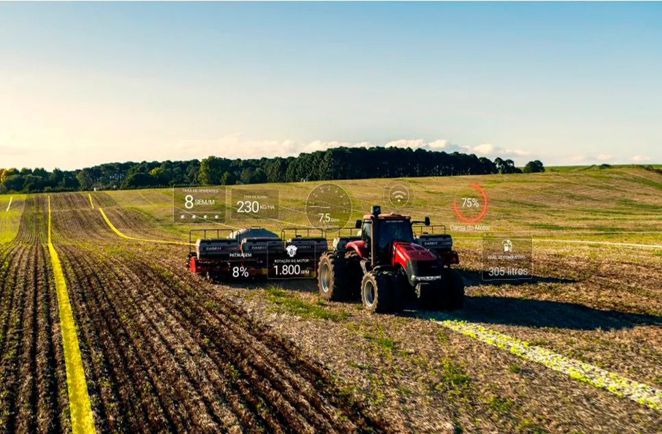 Tractor equipado en un campo con resultados de rendimiento.
