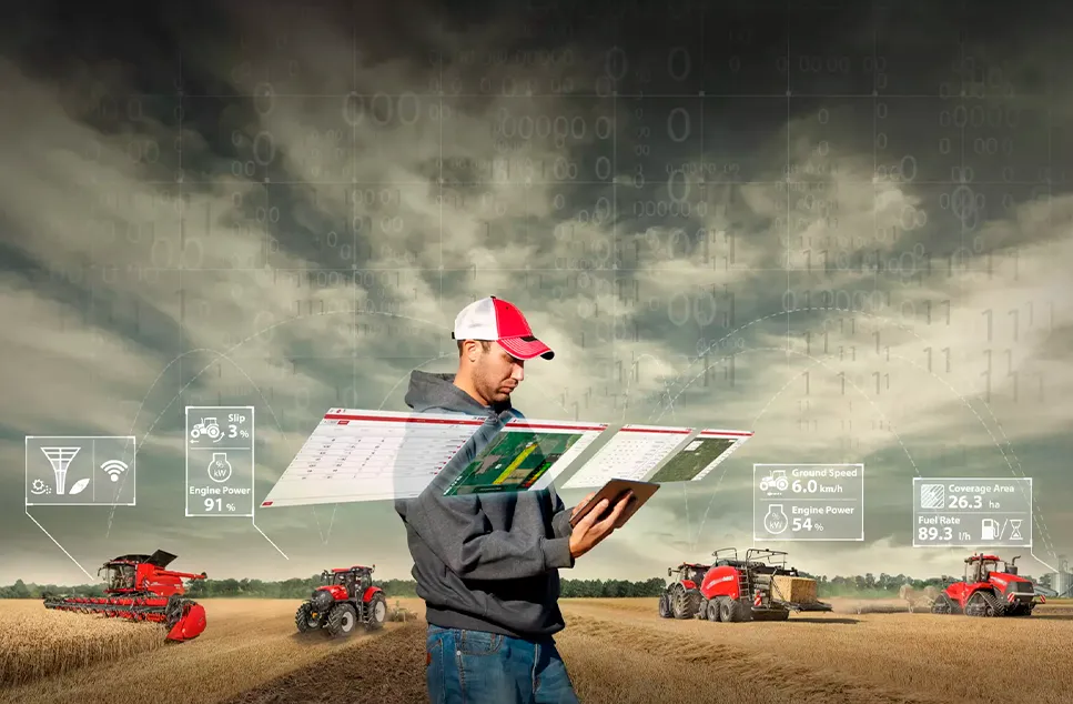 Hombre gestionando el rendimiento de equipos agrícolas.